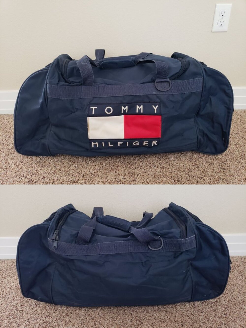 Vintage 90s Tommy Hilfiger Navy Blue Oversized Duffle Bag Weekender Gym Travel